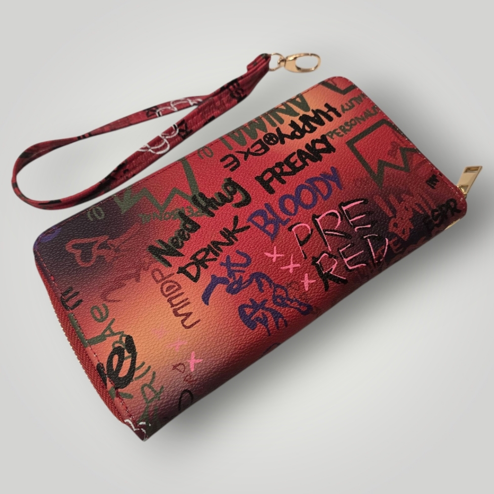 Graffiti Print Zip Around Wallet Wristlet Vegan‎ Leather NEW